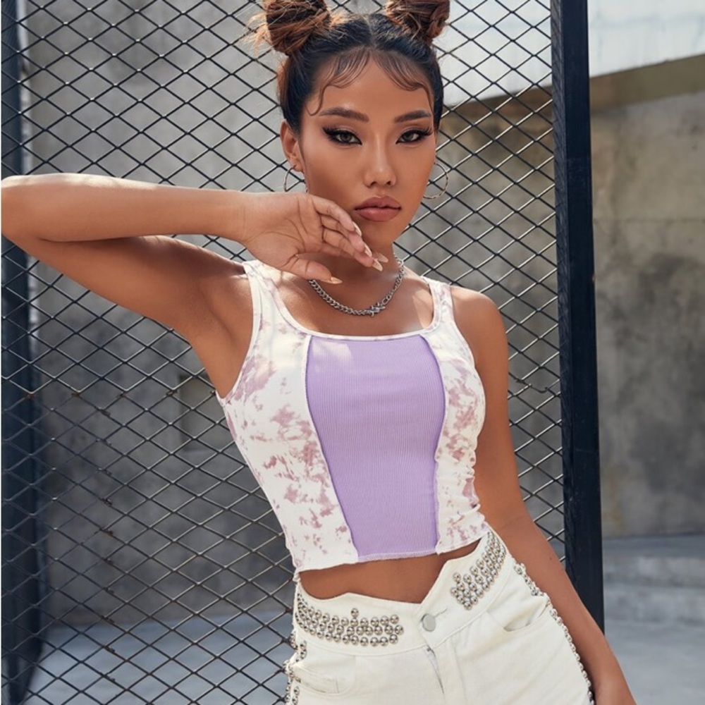 Stitch Trim Spliced Tie Dye Rib Knit Tank Top